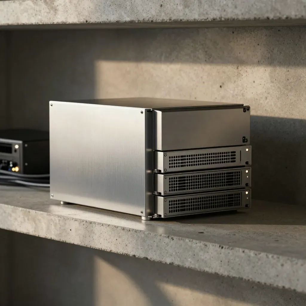 Backup appliance, cloud gateway, and drive caddies on a concrete shelf in soft industrial light.