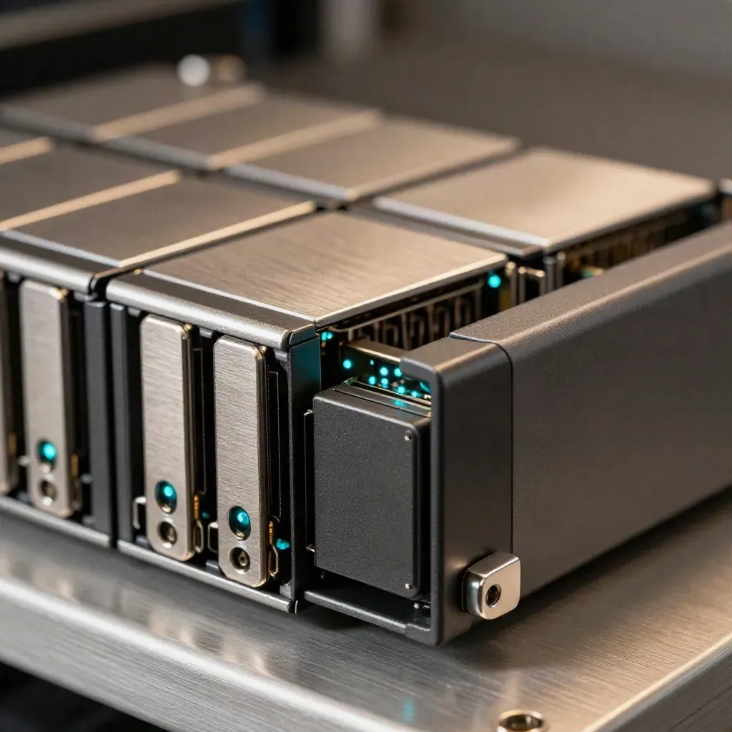 RAID enclosure with mirrored SSDs and NAS cartridge glowing cyan on brushed metal.